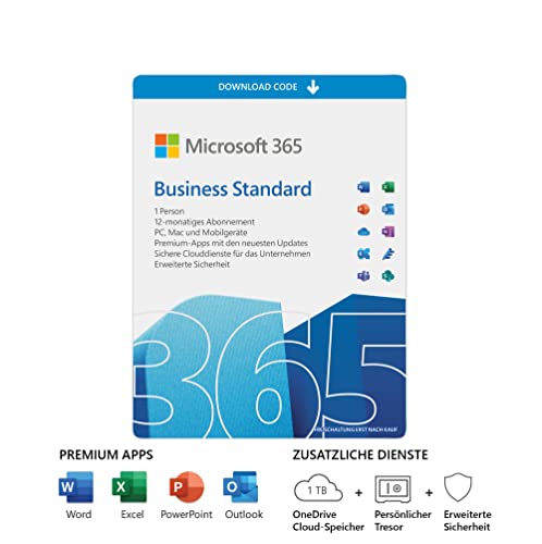 Microsoft 365 Business Standard | 1 Nutzer | 5 PCs/Macs, 5 Tablets und 5 mobile Geräte | 1 Jahresabonnement | Download Code