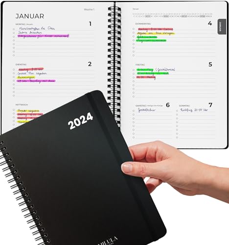 Milula Studios Terminplaner 2024, Kalender 2024 Buchkalender A5 - Minimalistischer Planer 2024 als Ringbuch Wochenplaner, Terminkalender 2024 Für mehr Organisation, Black