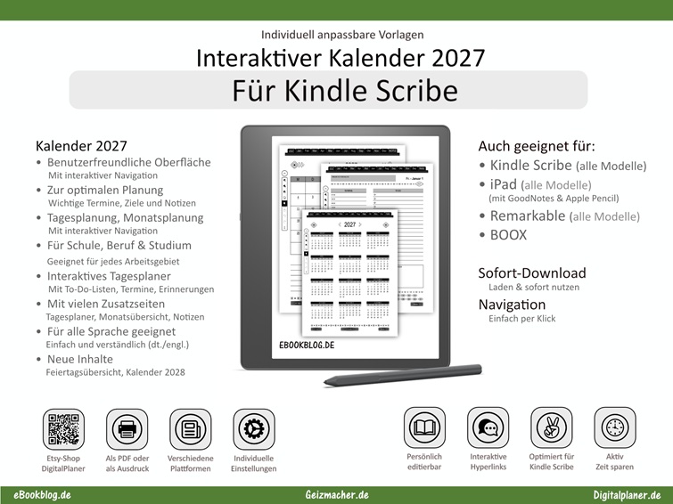 neue Kalender 2027 für den Kindle Scribe